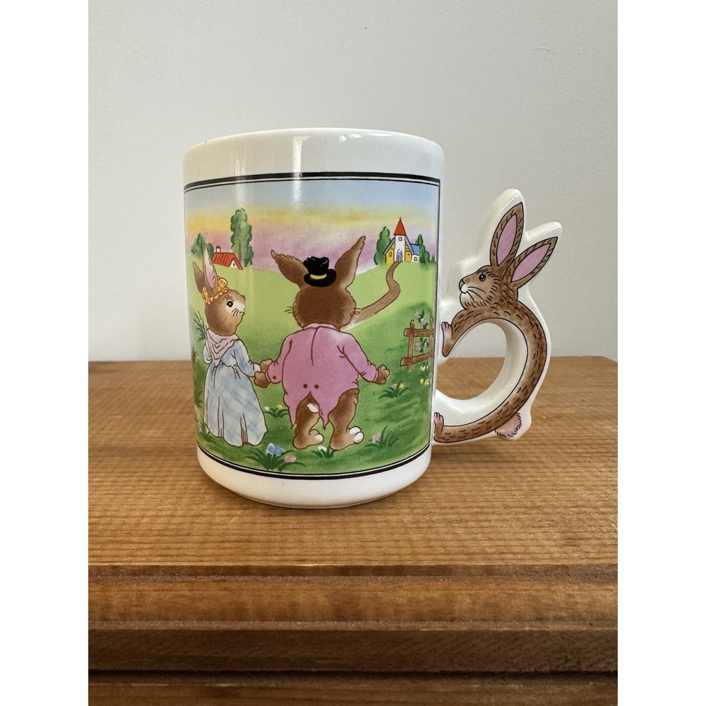 Vintage Peter Rabbit Cartoon Ceramic Coffee Mug w Bunny Figure Handle
